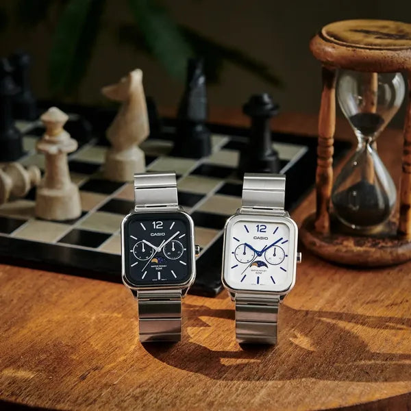 Casio MTP-M305D-7AVDF férfi karóra, acél, fehér számlap, WR50, holdfázis