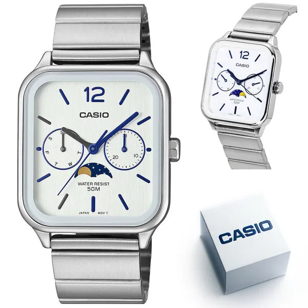 Casio MTP-M305D-7AVDF férfi karóra, acél, fehér számlap, WR50, holdfázis