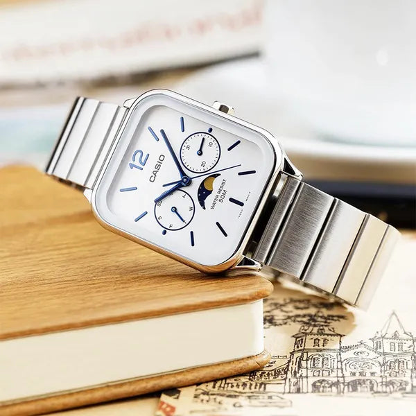 Casio MTP-M305D-7AVDF férfi karóra, acél, fehér számlap, WR50, holdfázis