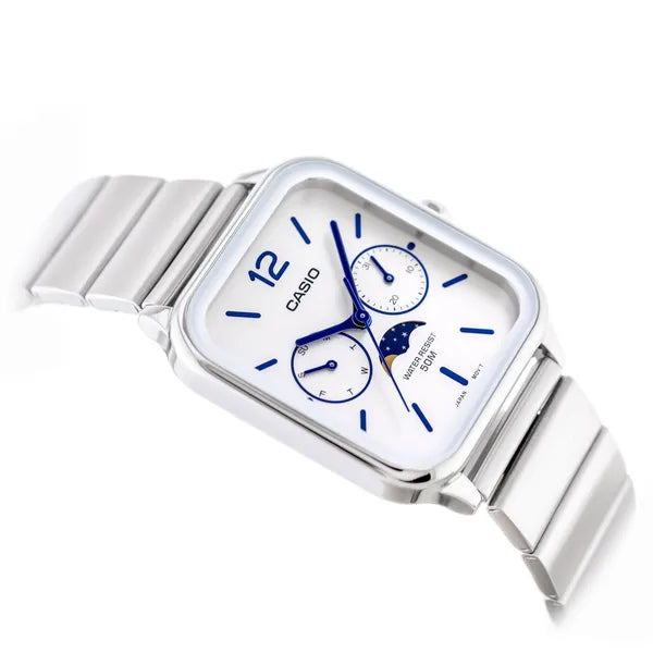 Casio MTP-M305D-7AVDF férfi karóra, acél, fehér számlap, WR50, holdfázis