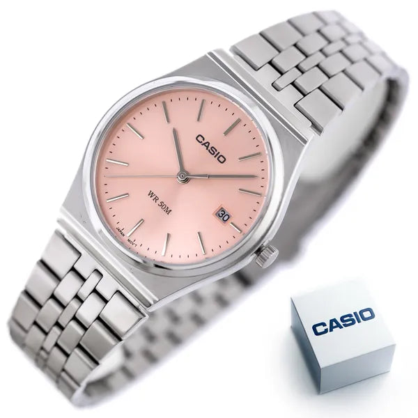 Casio MTP-B145D-4A férfi karóra, acél szíj, rózsaszín számlap, kvarc, 35 mm
