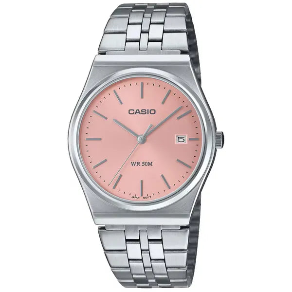 Casio MTP-B145D-4A férfi karóra, acél szíj, rózsaszín számlap, kvarc, 35 mm