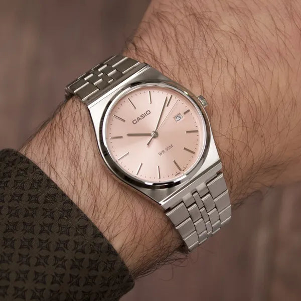 Casio MTP-B145D-4A férfi karóra, acél szíj, rózsaszín számlap, kvarc, 35 mm