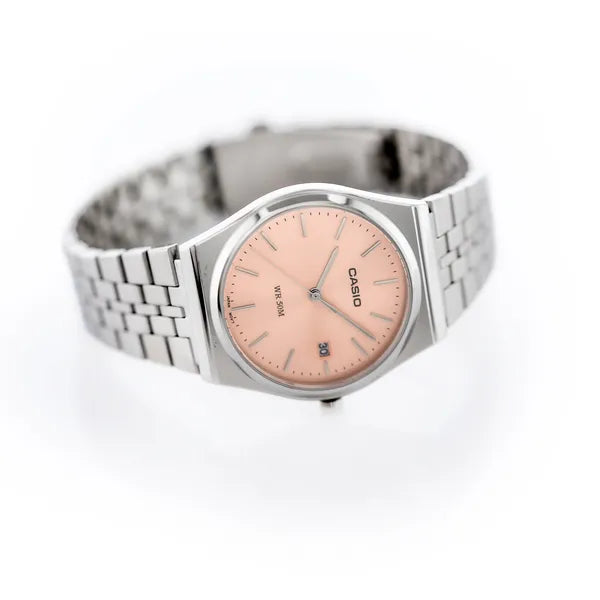 Casio MTP-B145D-4A férfi karóra, acél szíj, rózsaszín számlap, kvarc, 35 mm