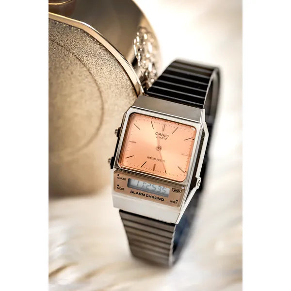 Casio Vintage AQ-800ECGG-4ADF uniszex óra, 2 időzóna, rózsaarany számlap, WR30
