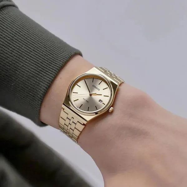 Casio MTP-B145G-9A férfi karóra, arany acél, rózsaarany számlap, kvarc, dátum