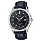 Casio MTS-100L-1A férfi karóra, zafírüveg, bőr szíj, WR50, fekete
