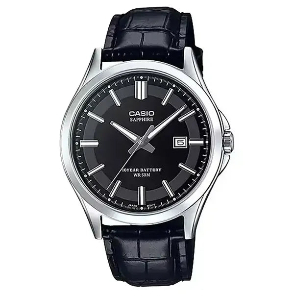 Casio MTS-100L-1A férfi karóra, zafírüveg, bőr szíj, WR50, fekete