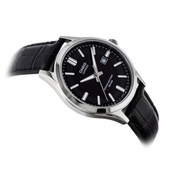 Casio MTS-100L-1A férfi karóra, zafírüveg, bőr szíj, WR50, fekete