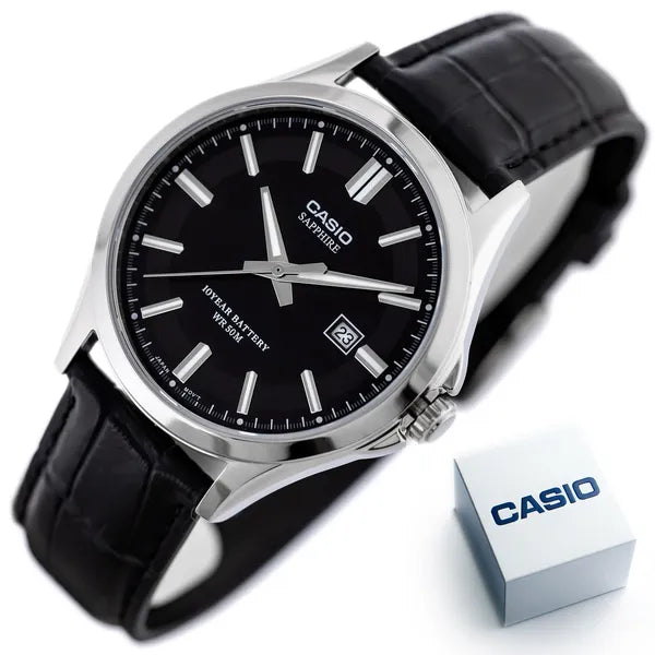 Casio MTS-100L-1A férfi karóra, zafírüveg, bőr szíj, WR50, fekete