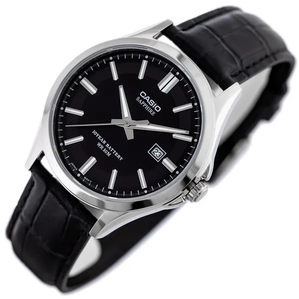 Casio MTS-100L-1A férfi karóra, zafírüveg, bőr szíj, WR50, fekete
