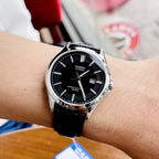 Casio MTS-100L-1A férfi karóra, zafírüveg, bőr szíj, WR50, fekete