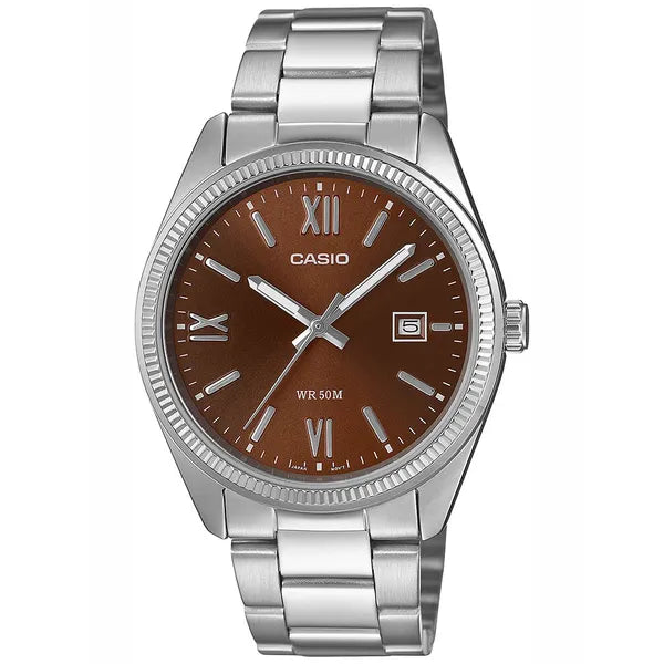 Casio MTP-1302DD-5A férfi karóra, barna számlap, acél szíj, WR50, díszdoboz