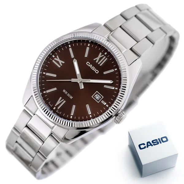 Casio MTP-1302DD-5A férfi karóra, barna számlap, acél szíj, WR50, díszdoboz