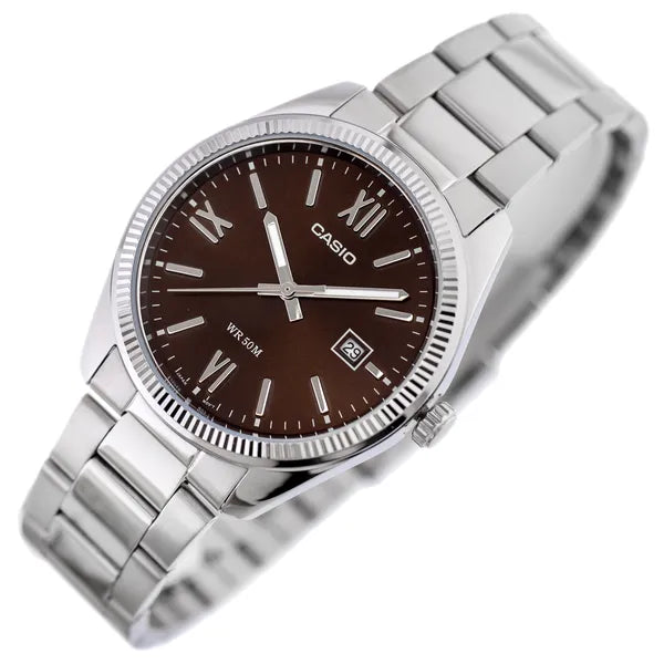 Casio MTP-1302DD-5A férfi karóra, barna számlap, acél szíj, WR50, díszdoboz