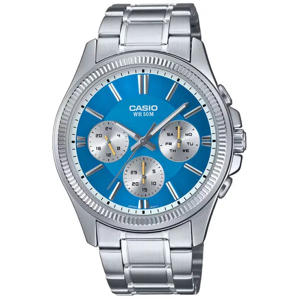 Casio MTP-1375D-2A2 férfi karóra, kék számlap, acél szíj, WR50, 40 mm