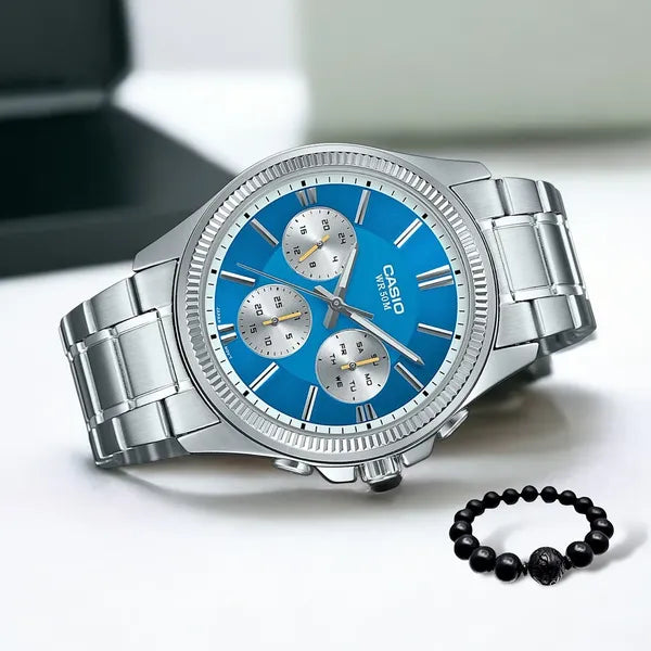Casio MTP-1375D-2A2 férfi karóra, kék számlap, acél szíj, WR50, 40 mm