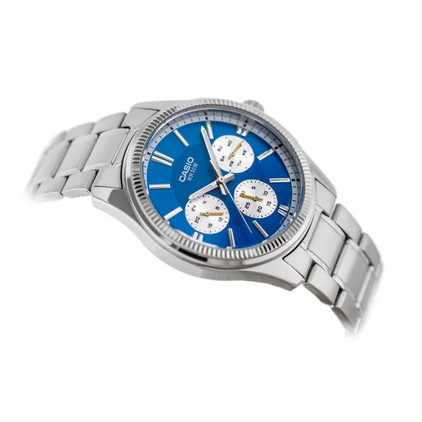 Casio MTP-1375D-2A2 férfi karóra, kék számlap, acél szíj, WR50, 40 mm