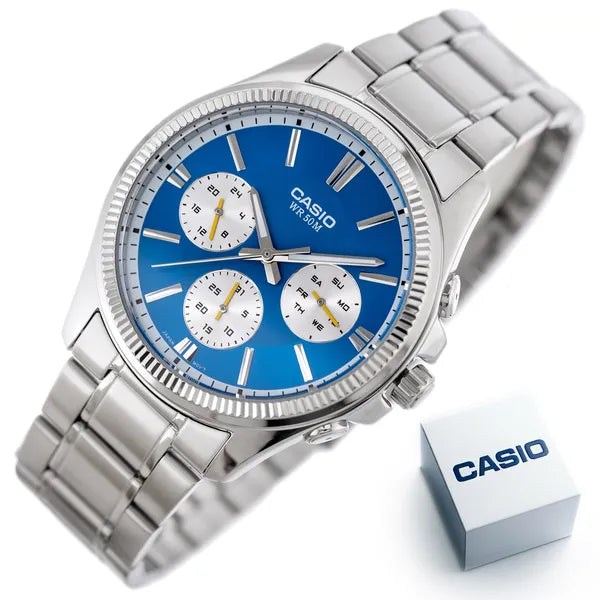 Casio MTP-1375D-2A2 férfi karóra, kék számlap, acél szíj, WR50, 40 mm
