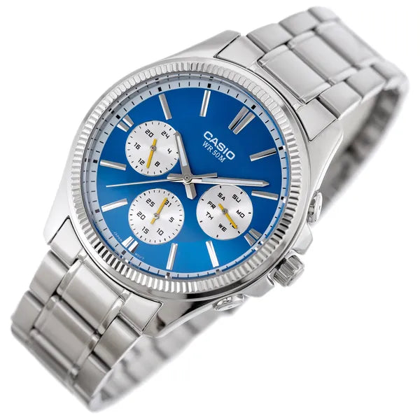 Casio MTP-1375D-2A2 férfi karóra, kék számlap, acél szíj, WR50, 40 mm