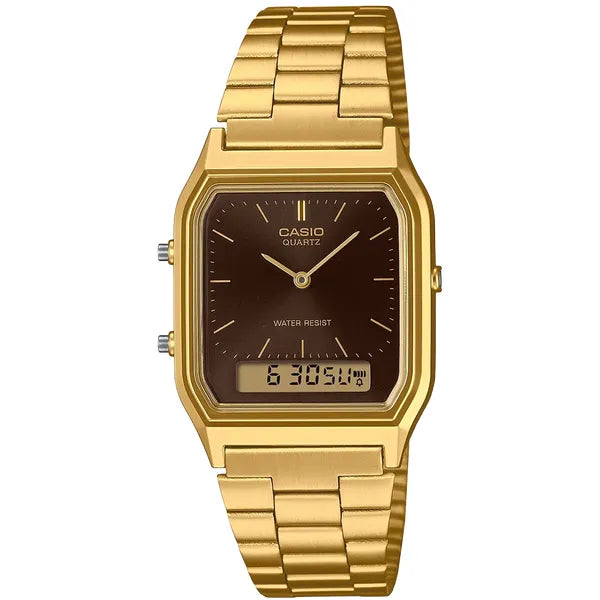 Casio AQ-230GA-5A vintage uniszex óra, arany acél, analóg-digitális, WR30