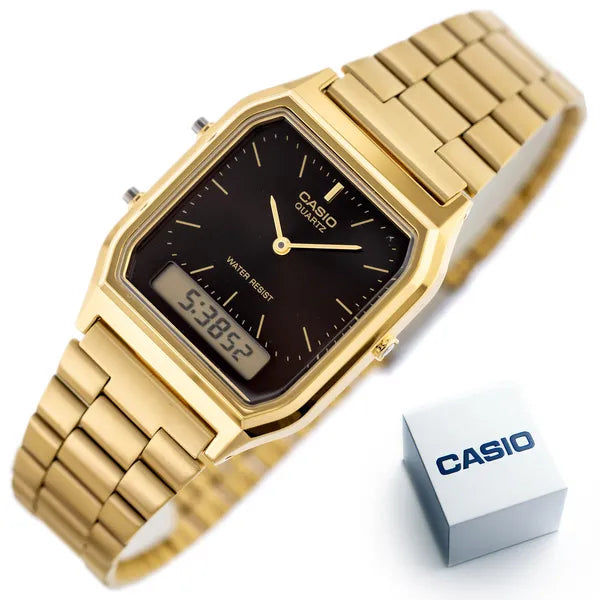 Casio AQ-230GA-5A vintage uniszex óra, arany acél, analóg-digitális, WR30