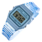 Casio F-91WS-2 uniszex digitális karóra, kék áttetsző tok és szíj, WR30