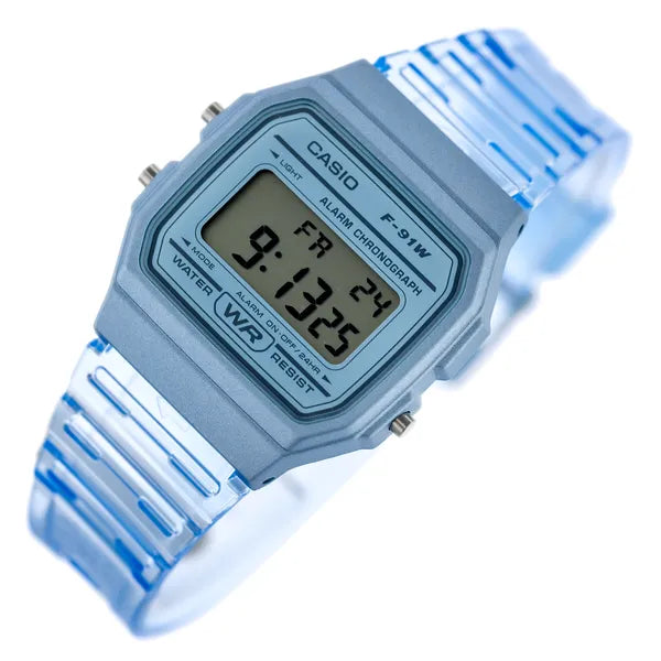 Casio F-91WS-2 uniszex digitális karóra, kék áttetsző tok és szíj, WR30