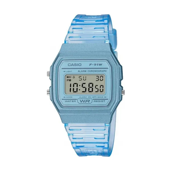 Casio F-91WS-2 uniszex digitális karóra, kék áttetsző tok és szíj, WR30