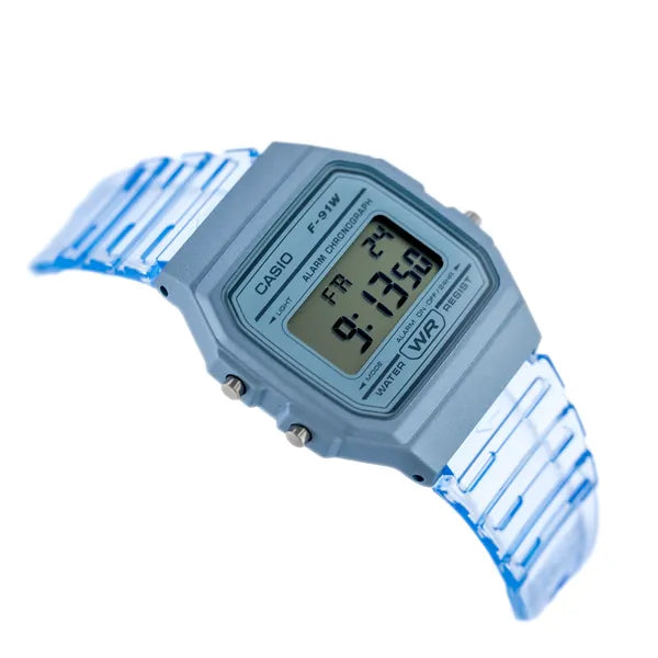 Casio F-91WS-2 uniszex digitális karóra, kék áttetsző tok és szíj, WR30