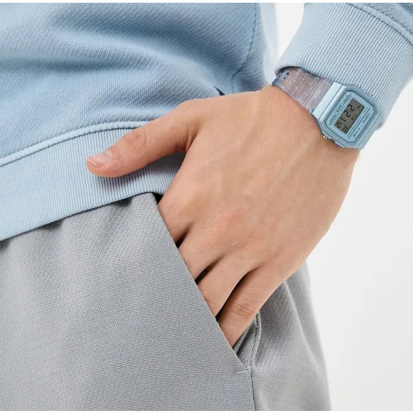 Casio F-91WS-2 uniszex digitális karóra, kék áttetsző tok és szíj, WR30