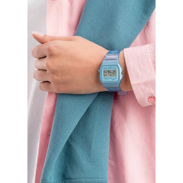 Casio F-91WS-2 uniszex digitális karóra, kék áttetsző tok és szíj, WR30