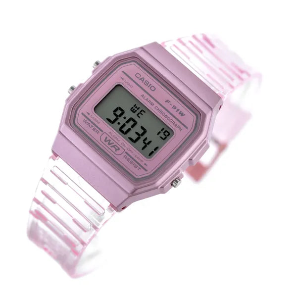 Casio F-91WS-4 retro női digitális óra, áttetsző rózsaszín, WR30, díszdoboz