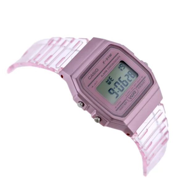 Casio F-91WS-4 retro női digitális óra, áttetsző rózsaszín, WR30, díszdoboz