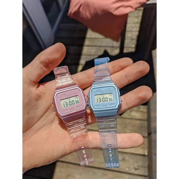 Casio F-91WS-4 retro női digitális óra, áttetsző rózsaszín, WR30, díszdoboz