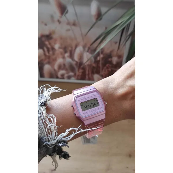 Casio F-91WS-4 retro női digitális óra, áttetsző rózsaszín, WR30, díszdoboz