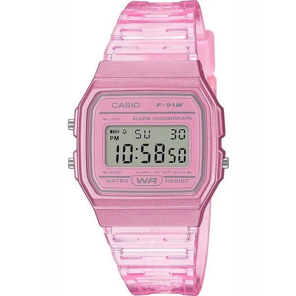 Casio F-91WS-4 retro női digitális óra, áttetsző rózsaszín, WR30, díszdoboz
