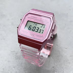 Casio F-91WS-4 retro női digitális óra, áttetsző rózsaszín, WR30, díszdoboz