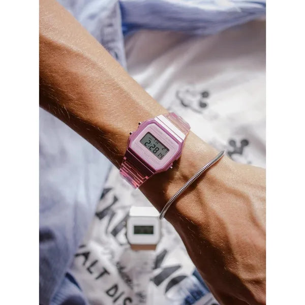 Casio F-91WS-4 retro női digitális óra, áttetsző rózsaszín, WR30, díszdoboz