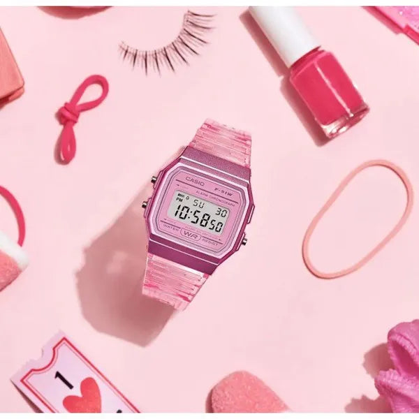 Casio F-91WS-4 retro női digitális óra, áttetsző rózsaszín, WR30, díszdoboz