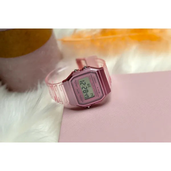 Casio F-91WS-4 retro női digitális óra, áttetsző rózsaszín, WR30, díszdoboz