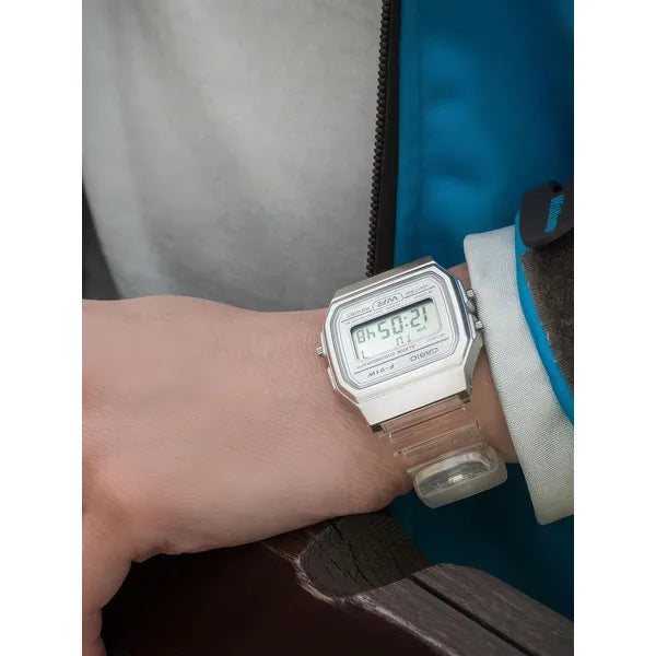 Unisex Casio F-91WS-7 retro digitális óra, fehér/áttetsző, WR30, kvarc