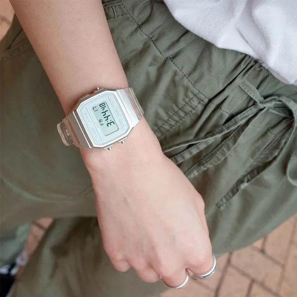 Unisex Casio F-91WS-7 retro digitális óra, fehér/áttetsző, WR30, kvarc