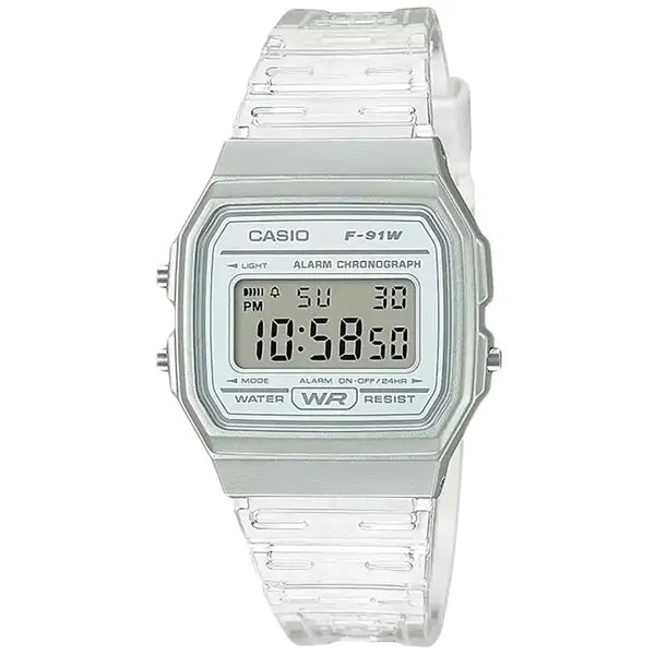 Unisex Casio F-91WS-7 retro digitális óra, fehér/áttetsző, WR30, kvarc