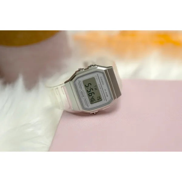 Unisex Casio F-91WS-7 retro digitális óra, fehér/áttetsző, WR30, kvarc