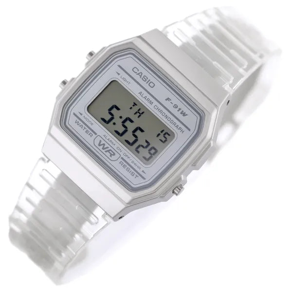 Unisex Casio F-91WS-7 retro digitális óra, fehér/áttetsző, WR30, kvarc