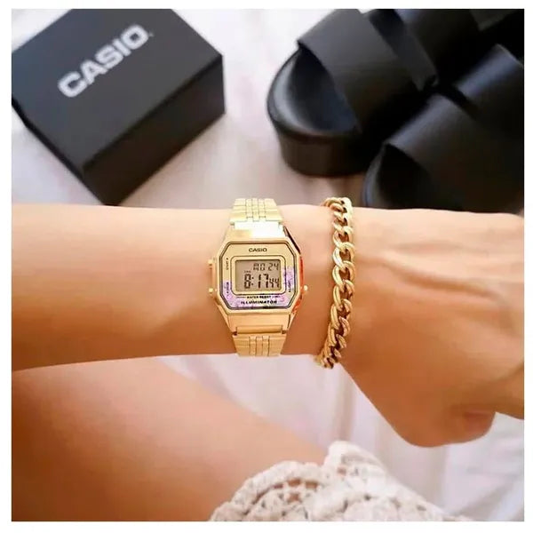 Casio LA680WGA-4C női digitális óra, arany, WR30, kvarc, acél szíj