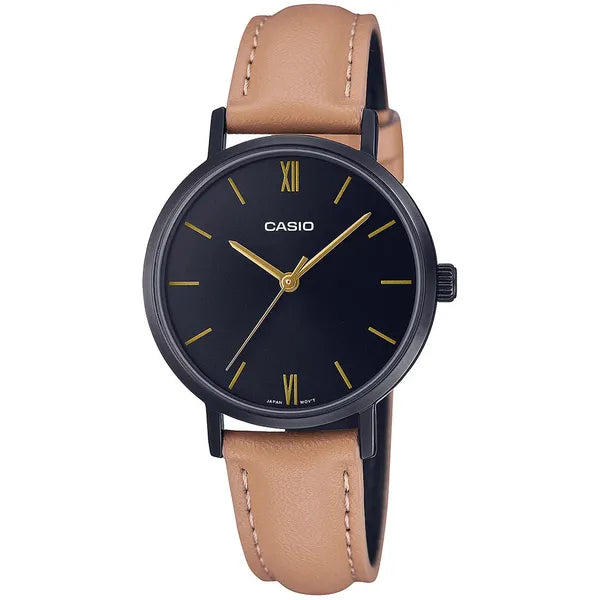 Casio LTP-VT02BL-1A női karóra, 30 mm, fekete számlap, barna bőrszíj, WR30