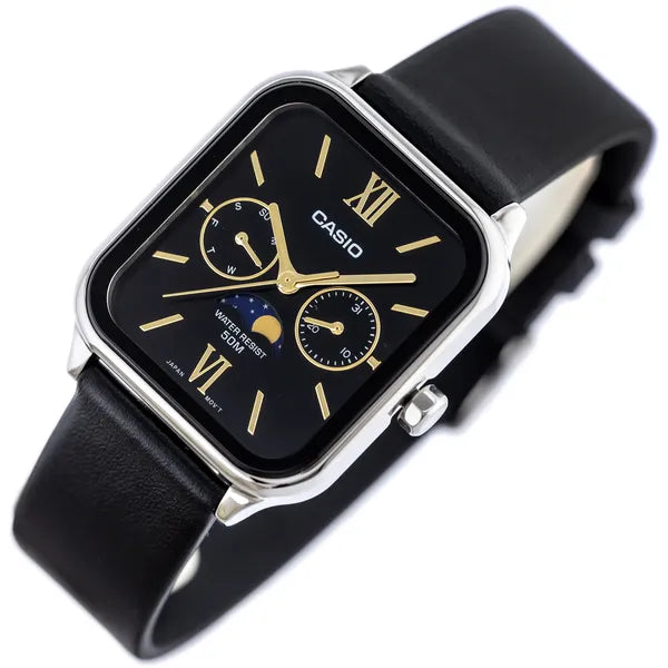 Casio férfi karóra MTP-M305L-1A2, fekete számlap, holdfázis, bőr szíj, WR50