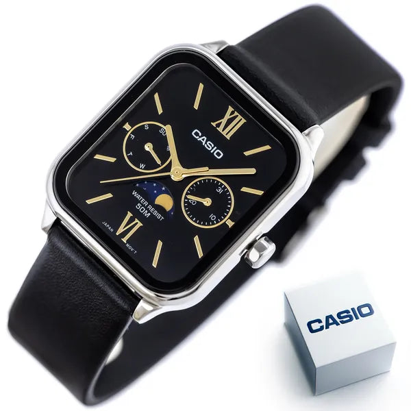 Casio férfi karóra MTP-M305L-1A2, fekete számlap, holdfázis, bőr szíj, WR50